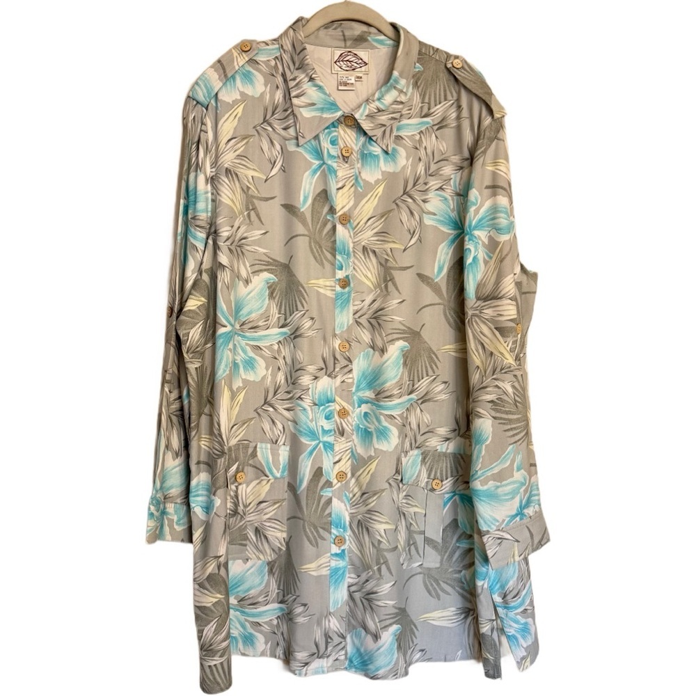 Natural Elements Silk Button Down Shirt 24W Floral Tropical Hawaiian L/S Beach